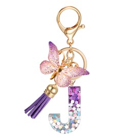 JSRQT Initial Letter J Keychain, Purple Sequins Resin Alphabet Letter Keyrings for Women Girls with Butterfly Tassel Pendant Design, Fashion Key Chain Bag Charm for Handbags Backpacks Car Key Decor