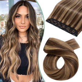 22"-55g One Piece Clip in Hair Extensions #4P27 Medium Brown&Dark Blonde Real Remy Human Hair Extension 3/4 Half Head Natural Straight