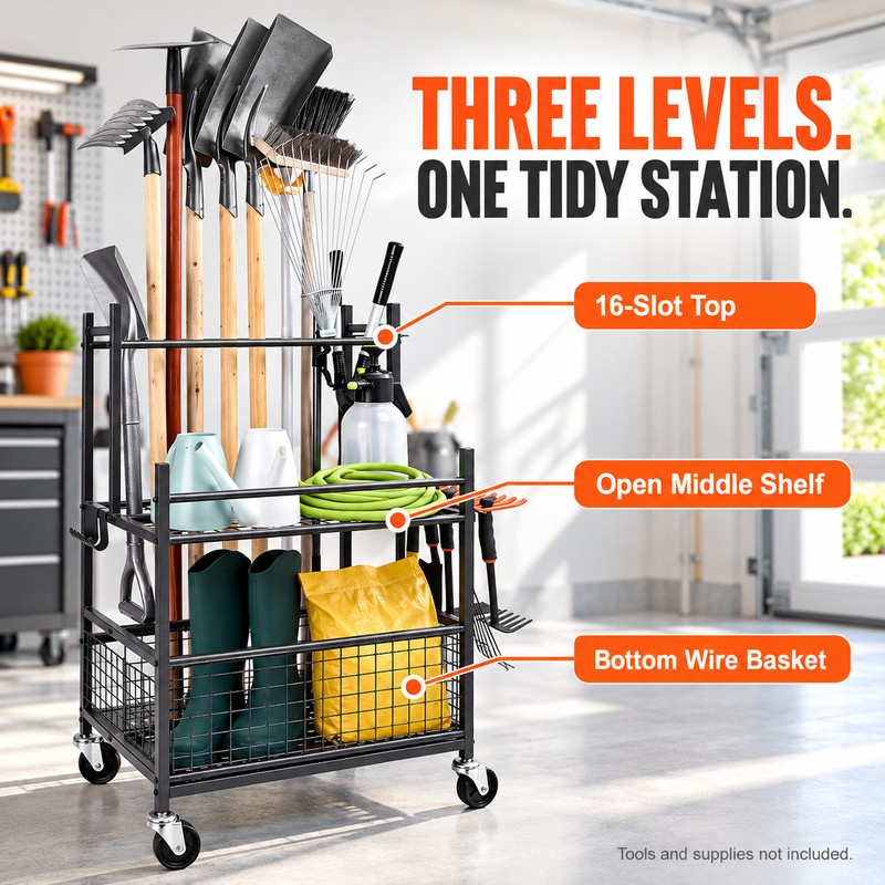 16-Slot Rolling Garden Tool Organizer Rack with 3 Shelves and