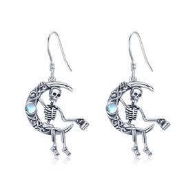 Skeleton Skull Earrings Dangle Sterling Silver Moonstone Goth Earrings Christmas Jewelry for Women