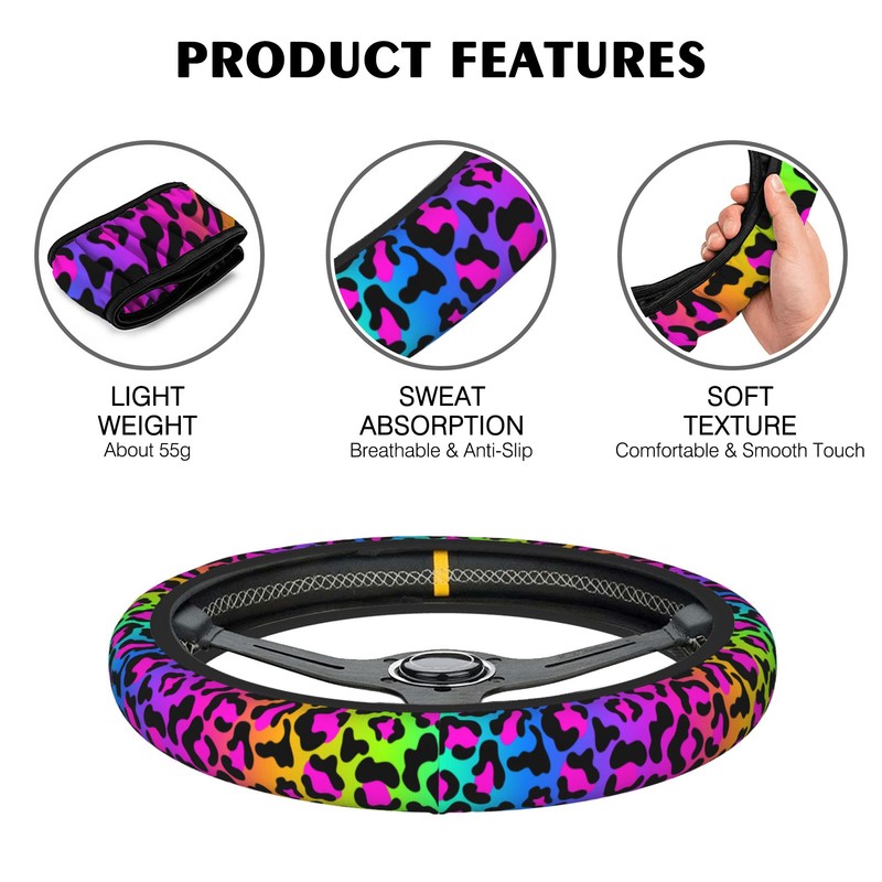 Rainbow Leopard Steering Wheel Cover,Cheetah Spots Elastic Non-Slip Steering Wheel