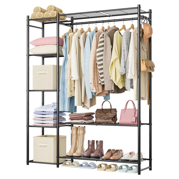 Wardrobe Closet,Portable Clothes Rack with 4 Tiers Shelves,Freestanding Closet Organizers and Storage System with Hanging Rods,Steel Clothing Rack Suitable for Cloakrooms,Bedrooms,Entrances,etc.Black