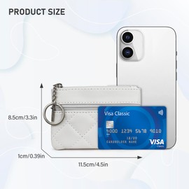AdiStylinno Small Coin Purse, Rhombus Leather Change Pouch for Women Men, Cute Mini Card Holder Wallet with Zipper Keychain (White)