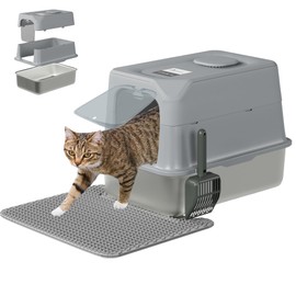 Odor Control Stainless Steel Litter Box with Lid,XL Cat Litter Box Enclosed 23.7"*16.1"*16.8" Covered Metal Litter Tray with Litter Mat and Scoop 3in1 Litter pan for Big Cat Kitty Kitten