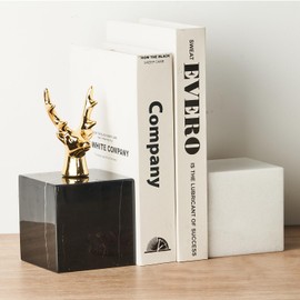 Marble Bookend Heavy Black and White Set with Golden Deer Head Decoration for Home Decor Housewarming Sold by Yougoals