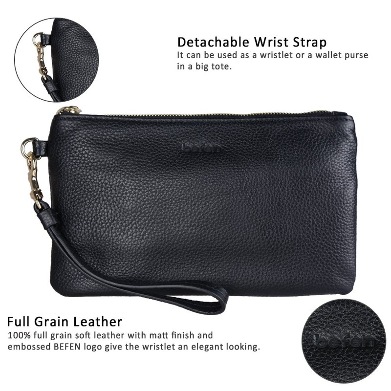 befen Black Genuine Leather Wristlet Clutch RFID Blocking Bag Cell