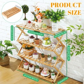 Leinuosen 4 Tier Wooden Plant Stand 27" x 27" x 10" Foldable Bamboo Display Rack Organizer Multiple Plant Shelf Flower Pot Holder Lightweight Portable Bamboo Shelf for Picnic Garden Patio Indoor