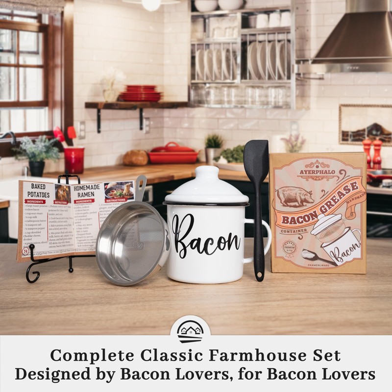 Bacon Grease Container with Strainer - With Food-Grade Silicone Spatula,