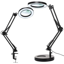 KIRKAS 10X Magnifying Glass with Light and Stand, 2-in-1 Stepless Dimmable LED Desk Lamp with Clamp, 3 Color Modes Lighted Magnifier Swivel Arm Light for Reading, Craft, Close Works - Black
