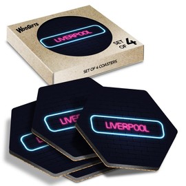 4 x Hexagon Coasters - Neon Sign Design Liverpool City England Cork Backed MDF Glossy Tea Coffee Accessory #350255