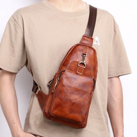 Myunxui Vintage Genuine Leather Sling Bag Backpack for Men Women Chest Pack Shoulder Satchel Crossbody Casual Outdoor Daypack Bags Brown