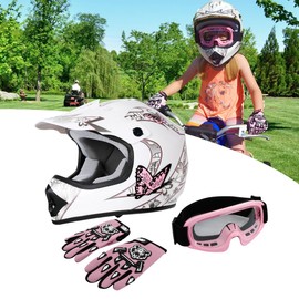 TCMT Youth Pink Butterfly Dirt Bike ATV Helmet Motocross with Goggles and Gloves Large