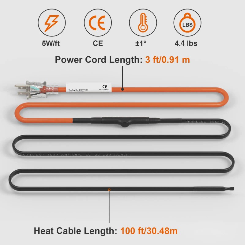 100-Foot Self-Regulating 5W/ft Heat Tape Pipe Heating Cable Freeze Protection