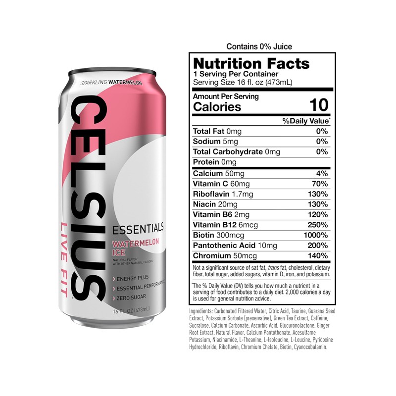 CELSIUS ESSENTIALS™ Sparkling Watermelon Ice, Sugar Free Performance Energy Drink,