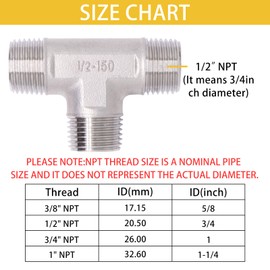 Sydien Tee Pipe Fittings 304 Stainless Steel Tee 1/2" x 1/2" x 1/2" Male NPT Thread Adapter T Shaped 3 Way Cast Pipe Fitting, 2 Pack
