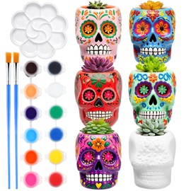 Pasimy 6 Set Ceramics to Paint DIY Ceramic Succulent Planter Pots Paint Your Own Flower Pots Craft Kit Unpainted Bisque Flowerpot with Brush Palette Christmas Gifts for Family Activity(Skull)