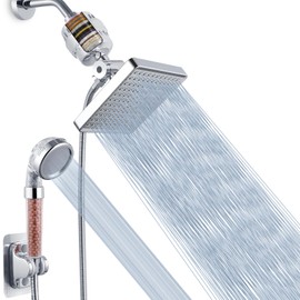 Voolan Filtered Shower Head Set, High Pressure Rain Shower with Handheld Showerhead Combo, Self-adhesive Holder/59" Hose, 20 Stage Filter Removes Chlorine and Harmful Substances (Square,Chrome)