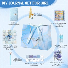 Janlaugh DIY Journal Diary with Lock Set Scrapbook Kit Stationary Diary Supplies Art Crafts Kit for Birthday Holidays Ideal Gifts for Women Teen Girls(Blue,Cute)