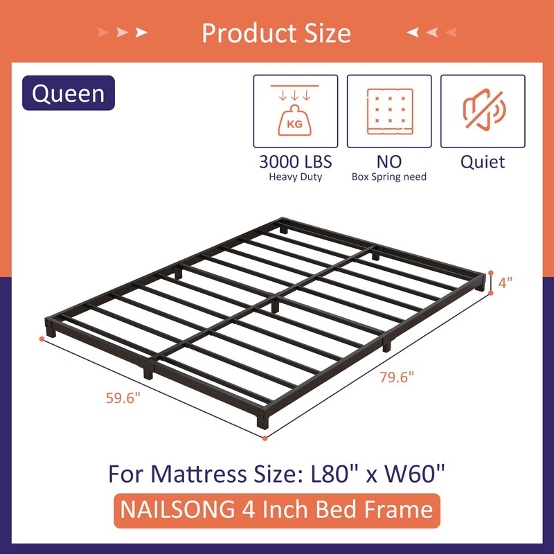 Nailsong 4 Inch Bed Frame Queen Size Low Profile, Queen