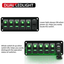 FXC 12V 24V DC 5 Gang Rocker Switch Aluminum Panel with Voltmeter & Dual USB(4.8 A) Fast Charging, Green Backlit Led, Pre-Wired Waterproof for Marine, Boat, Car, Truck, Polaris, Jeep (Green)