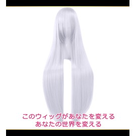 CaseEden 6128 Premium Cosplay Wig, Smooth, Long Hair, 39.4 inches (100 cm), Silver, Silver Hair
