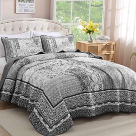 WONGS BEDDING Grey Quilt Set Queen Size,Bohemian Patchwork Bedspread Coverlet Set, Soft Boho Floral Pattern Bedspreads Bedding Quilt Set for All Seasons (96"x90")
