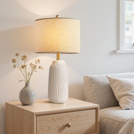 23" Ceramic Table Lamp Set of 2, 3-Way Dimmable Ceramic Table Lamp for Bedroom Farmhouse Bedside, Wicker White Desk Lamps Office Reading Lamp | Lamp for Living Room, Desk, LED Bulb Included