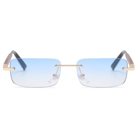 Men Tinted Rimless Rectangular Sunglasses Retro Imitated Wood Frame Women Glasses (gold with blue)