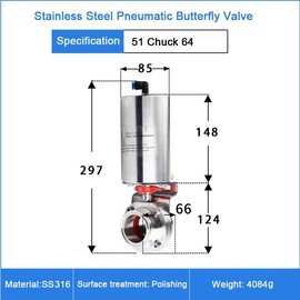 BOKYWOX 2'' Sanitary Single Acting Tri Clamp Pneumatic Butterfly Valve Ø51mm Stainless Steel 316