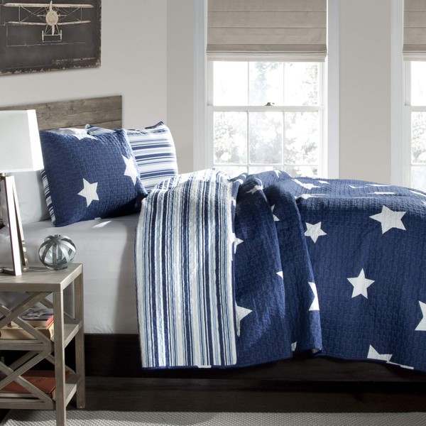 Lush Decor Star Quilt - Reversible 2 Piece Pattern Striped Bedding Set with Pillow Sham - Twin - Navy