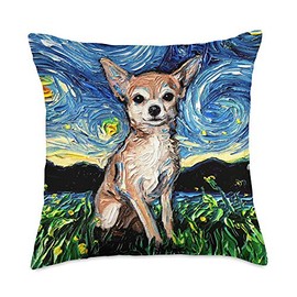 Tan Short Hair Chihuahua Starry Night cute dog art by Aja Throw Pillow