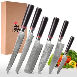 Damascus Steel Kitchen Knife Set, 6 Pieces, Chef's Knife, Santoku Knife, Bread Knife, Paring Knife & More, Ultra Sharp for Very Fast Cutting, with Gift Box