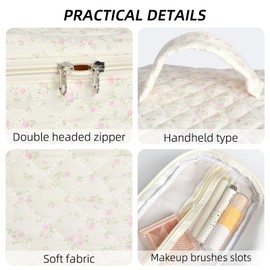 Kimiyaki Cotton Makeup Bag,Large Quilted Cosmetic Bag,Floral Toiletry Bag for Women,Travel Organizer Bag with Zipper(Pink Floral)