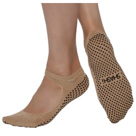 SHASHI Sweet Grip Socks for Women — Mary Jane Socks w/Cut Out-Top Non Slip Socks — Yoga Socks — Barre Socks — Pilates Socks With Grips For Women — Workout Socks Women Champagne Gold Medium
