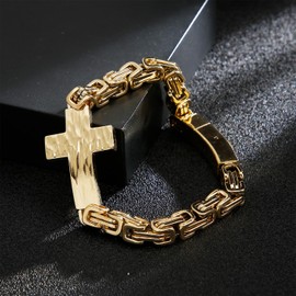 FIGEDY Stainless Steel Cross Bracelet for Men and Women - Large Cross Stylish and Durable Cross Link Stainless Steel Bracelet Gold and Gunmetal Grey - Gold