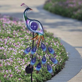 TERESA'S COLLECTIONS Garden Ornaments Outdoor, Metal Peacock Solar Stake Lights with Crackle Glass Ball, Decorative Solar Lights for Pathway Lawn Yard & Flower Pot, Gifts for Mum, 24inch