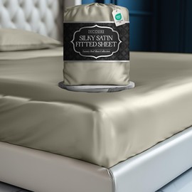 DECOLURE Satin Fitted Sheet Full Size (1 PC) – Luxuriously Smooth & Softer Than Silk Bed Sheets w/ 15 Inch Deep Pocket Hypoallergenic Wrinkle Free, Secure Snug Fit, Elastic Corner Straps (Ivory)