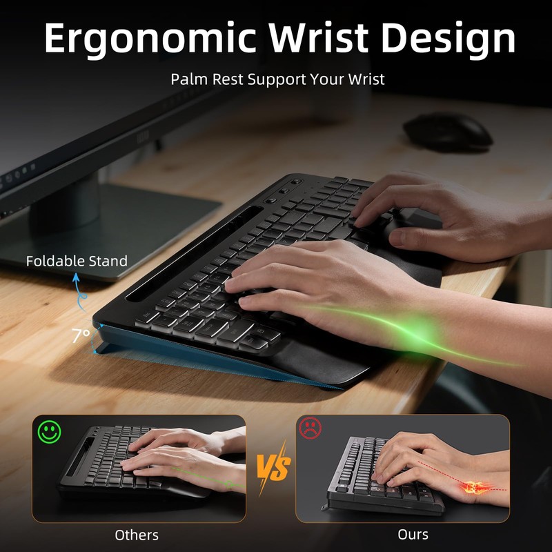 Hamile Ergonomic Wireless Keyboard and Mouse Combo, Wave Keys Full