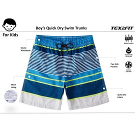 TEX2FIT Boy's Quick Dry Swim Trunks for 7-14yrs, Breathable Swim Shorts with Mesh Lining and Pockets, 2-Pack(Blue Grey Stripe/Navy Blue Gradient, Small)