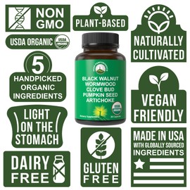USDA Organic Wormwood Black Walnut Clove Cleanse for Humans. Elimination Detox + Intestinal Support Capsules Supplement for Adults and Kids. Pills with Artichoke and Pumpkin Seed for Added Benefits