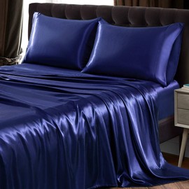 SiinvdaBZX 4Pcs Satin Sheet Set Queen Size Ultra Silky Soft Navy Blue Satin Queen Bed Sheets with Deep Pocket, 1 Fitted Sheet, 1 Flat Sheet, 2 Envelope Closure Pillowcases