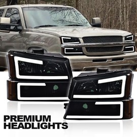 DOTCOM LED Headlights Assembly,Compatible with 2003-2006 Chevy Avalanche 1500 2500/Silverado 1500 2500 3500 & HD Models Headlamp,Driver & Passenger Side, Smoky Lens Black Housing Amber Reflector