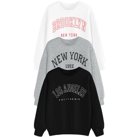 EXARUS 3 Pack Girls Oversized Sweatshirt Letter Printed Crew Neck Pullover Long Sleeve Casual School Black White Grey 12Y