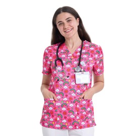 YEZEX Scrub Tops for Women, V Neck Printed Scrub Tops, Medical Nursing Stretchy Shirts w/ 3 Pockets (Pink Rainbow)