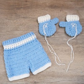 Zeroest Newborn Photography Prop Crochet Baby Boxer Outfit Knit Baby Photo Prop Costume Boxing Trunks Set (Blue)