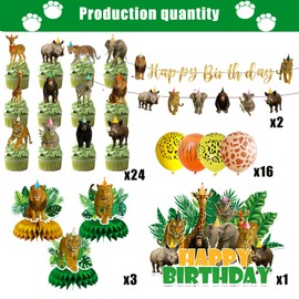 46Pcs Safari Animals Birthday Decorations Wild Jungle Theme Decor Banner Honeycombs Balloons Cupcake Toppers for Safari Theme Birthday Party Decorations