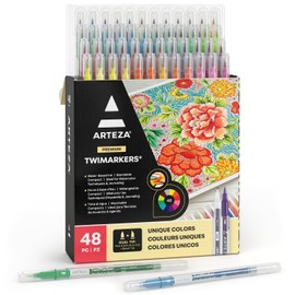 ARTEZA ARTEZA Dual Tip Brush Markers, Set of 48, Art Markers with Fine and Brush Tips, Dual Tip Pens for Adult Coloring, Calligraphy, Sketching, Doodling