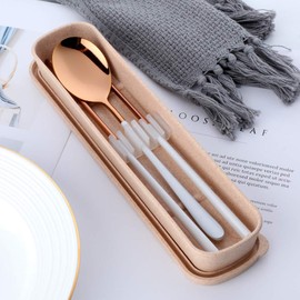 2 Pieces Outdoor Flatware, Baikai Stainless Steel Portable Utensils Set with Case, Collision Color Flatware Include Spoon, Chopsticks (White&Rose Gold)