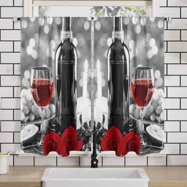 Sepmxagt Red Rose and Wine Kitchen Curtains,Rustic Farmhouse Short Cafe Curtains, Decor for Bathroom Tier Drapes, Dining Room Over Sink, Romantic Rod Pocket Window Drapes 28x40 inch 2 Panels Set