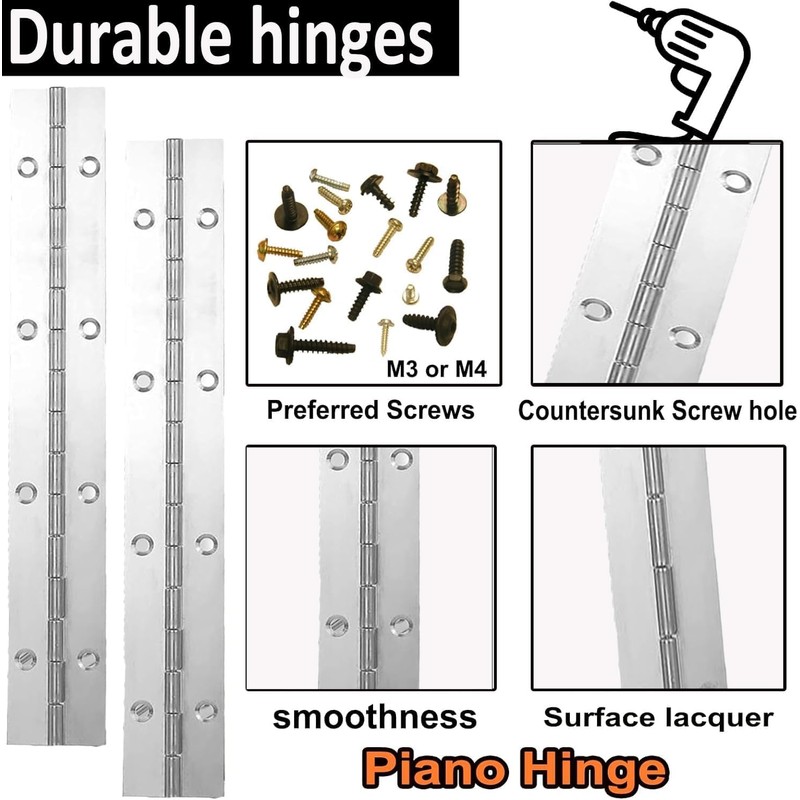 4Pcs Continuous & Piano Hinges, 16Inch 1.2'' Open Width, Silver